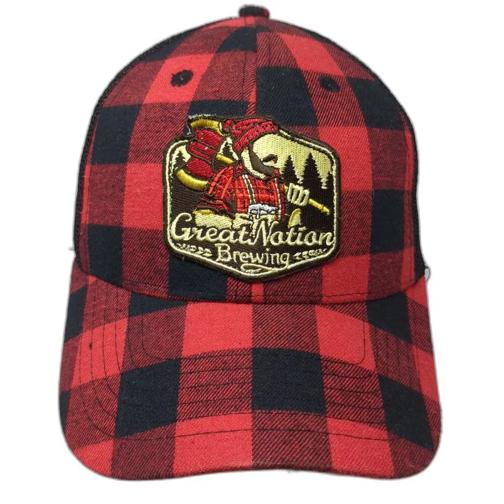 Brewery Branding Co. Red Black Buffalo Plaid Trucker Hat Snapback OS Adjustable